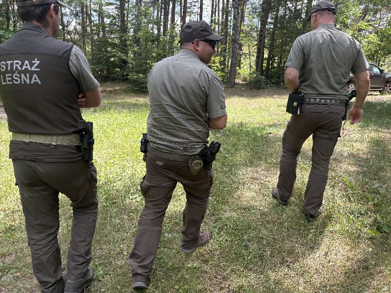 Trzech funkcjonariuszy Straży Leśnej w mundurach patroluje leśną polanę; są wyposażeni w broń służbową i sprzęt przy pasie. W tle widać las i zaparkowany samochód terenowy.