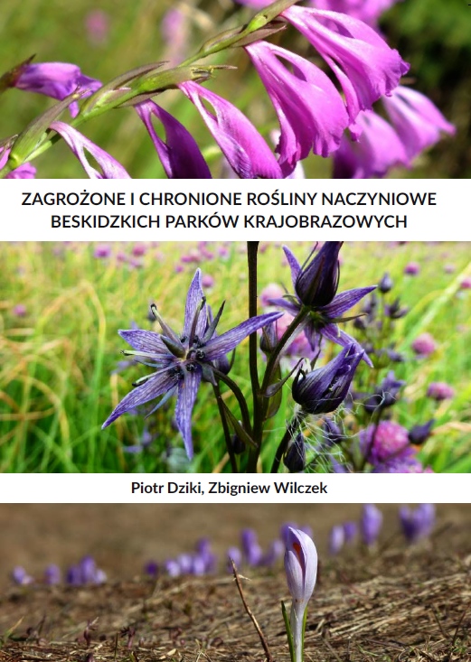 Na górze zdjęcie mieczyka dachówkowatego, niżej pasek z tytułem publikacji, niżej zdjęcie niebielistki trwałej, niżej pasek z nazwiskami autorów publikacji, na dole zdjęcie szafranu spiskiego.
