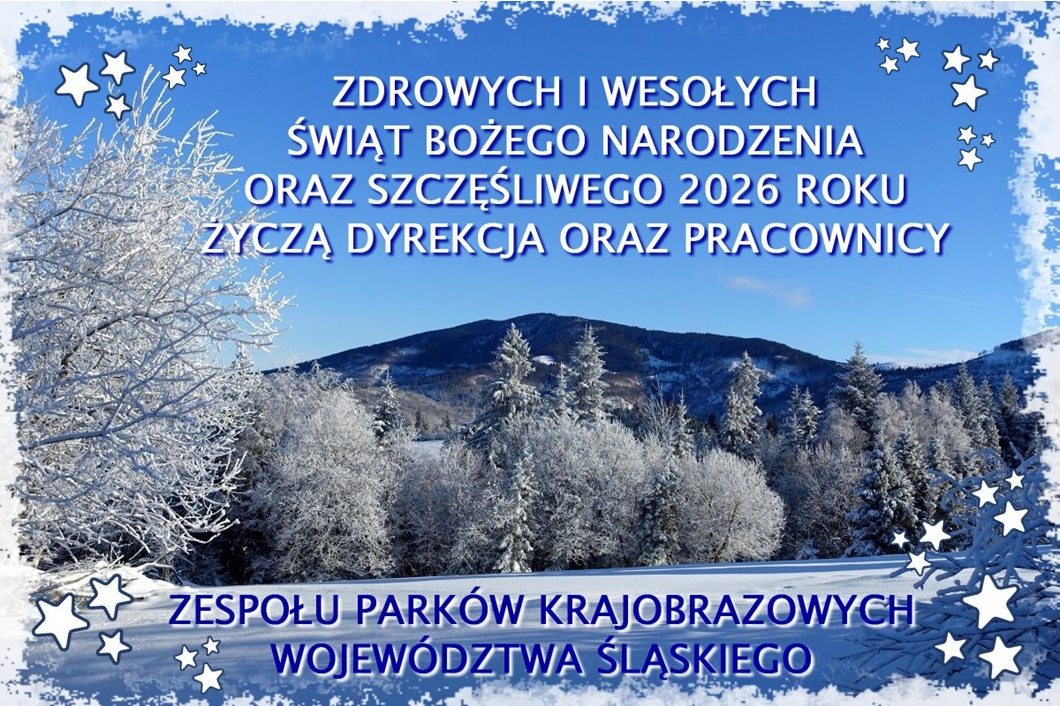 Życzenia Świąteczne od Zespołu Parków Krajobrazowych Województwa Śląskiego. W tle górski pejzaż w zimowej scenerii