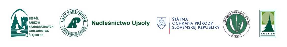 Logotypy instytucji związanych z ochroną przyrody i leśnictwem: Zespół Parków Krajobrazowych Województwa Śląskiego, Lasy Państwowe Nadleśnictwo Ujsoły, Chronená krajinná oblasť Kysuce oraz LESY SR. Logotypy ułożone w poziomie.